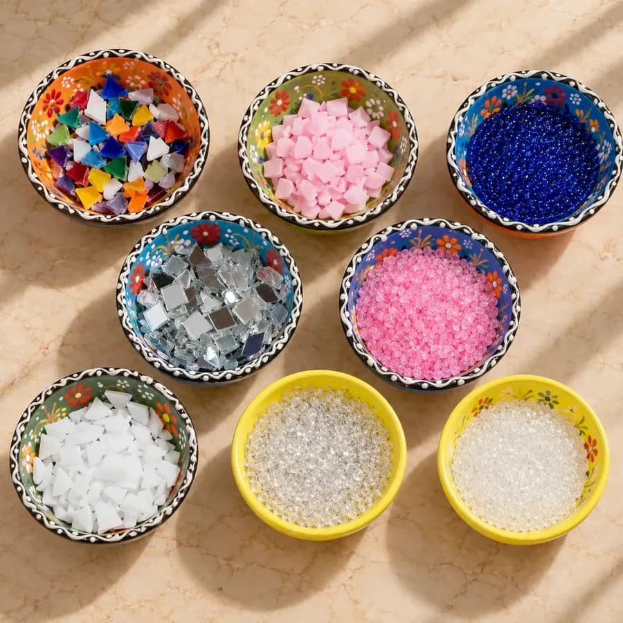 Bowls of colourful glass mosaic pieces ready to create with